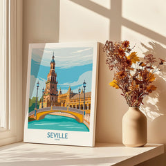 Seville Spain travel poster print with historic architecture, bridge, and canal, perfect for home wall art decor