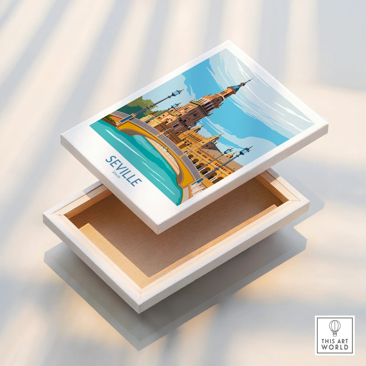 Seville Spain travel poster canvas art, featuring iconic skyline and bridge, perfect for home decor wall art.