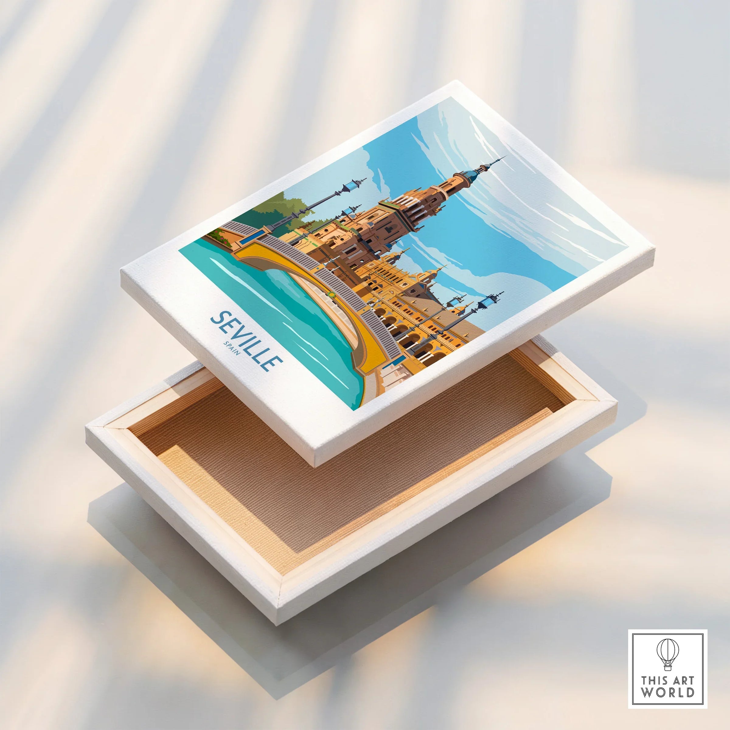 Seville Spain travel poster canvas art, featuring iconic skyline and bridge, perfect for home decor wall art.