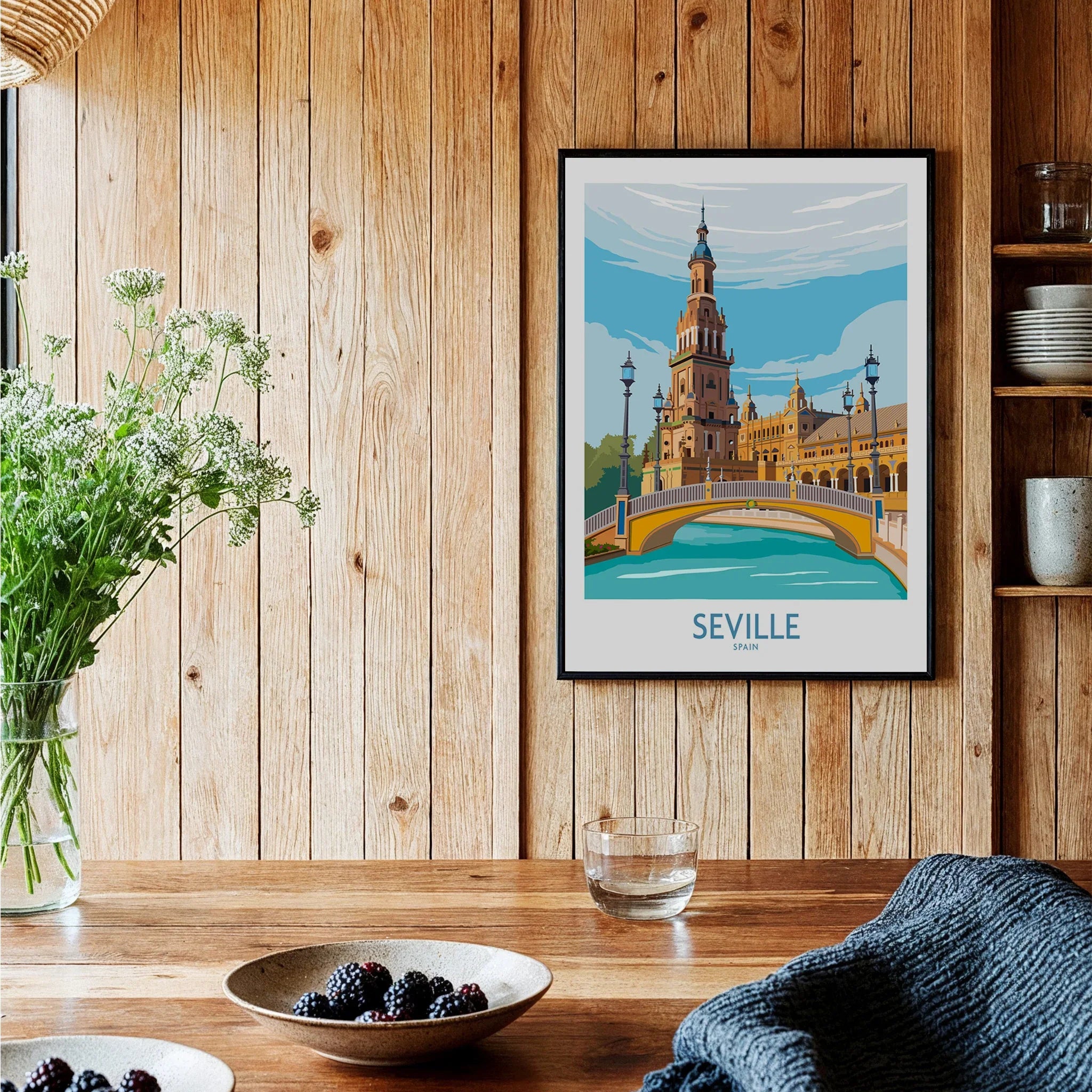 Seville Spain travel poster wall art featuring iconic bridge and architecture, perfect for home decor
