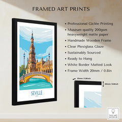 Seville Spain travel poster art print in black frame, featuring iconic architecture and bridge, perfect for home decor