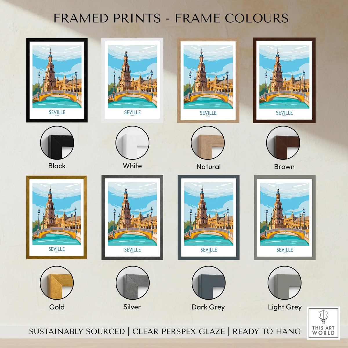 Seville Spain travel poster in eight frame colors: black, white, natural, brown, gold, silver, dark grey, light grey