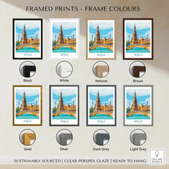 Seville Spain travel poster in eight frame colors: black, white, natural, brown, gold, silver, dark grey, light grey