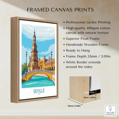 Seville Spain travel poster print in wooden frame, featuring historic architecture and bridge over water, ideal wall art decor