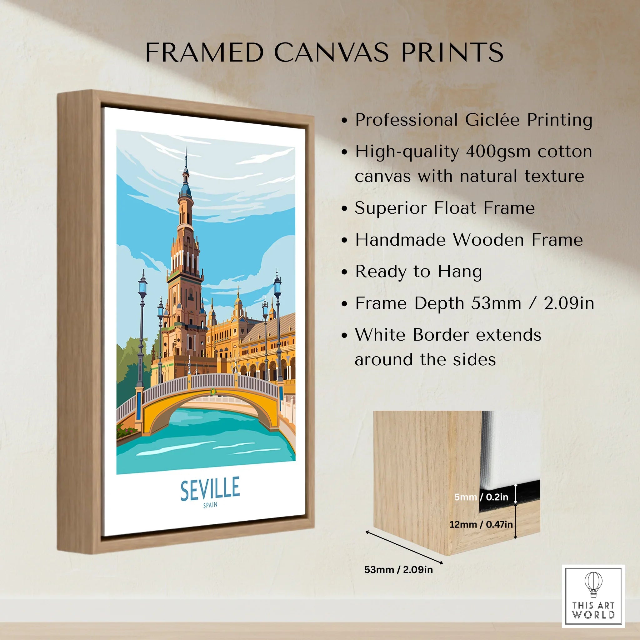 Seville Spain travel poster print in wooden frame, featuring historic architecture and bridge over water, ideal wall art decor