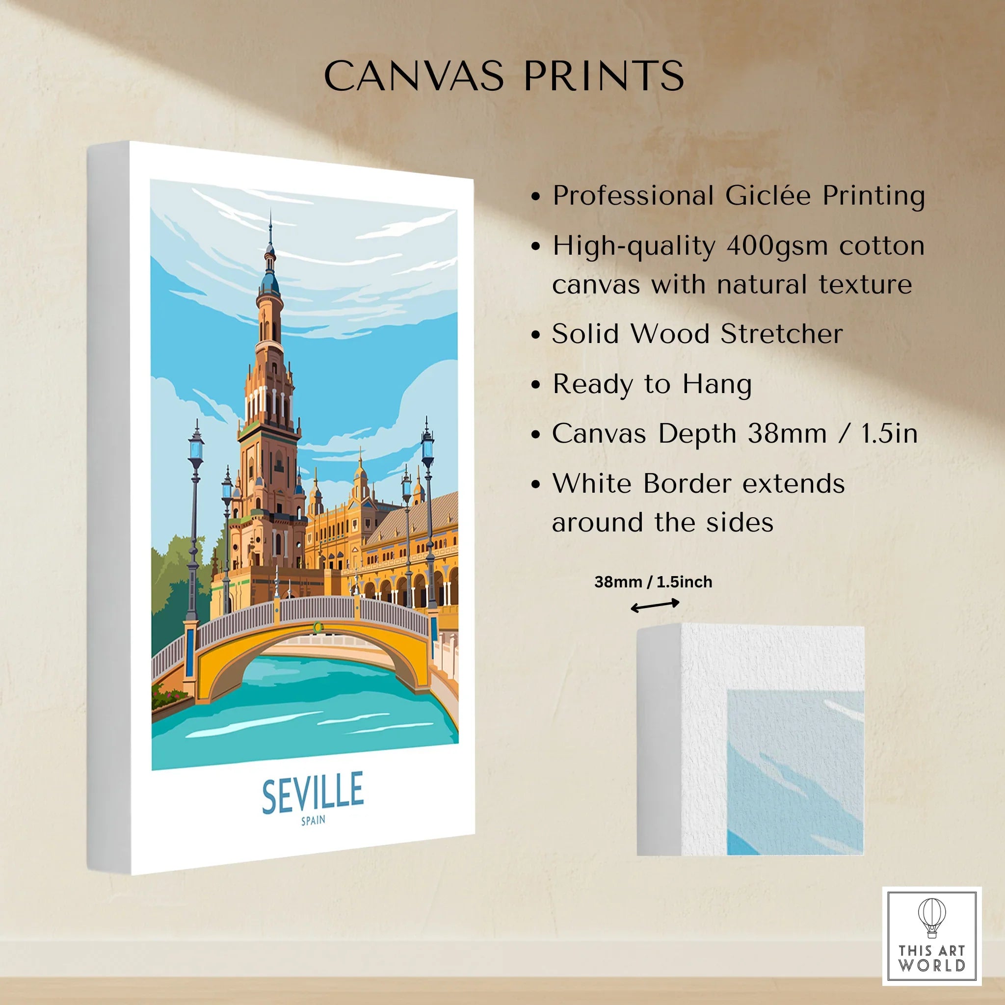 Seville Spain travel poster canvas print with iconic architecture and bridge, ready to hang wall art