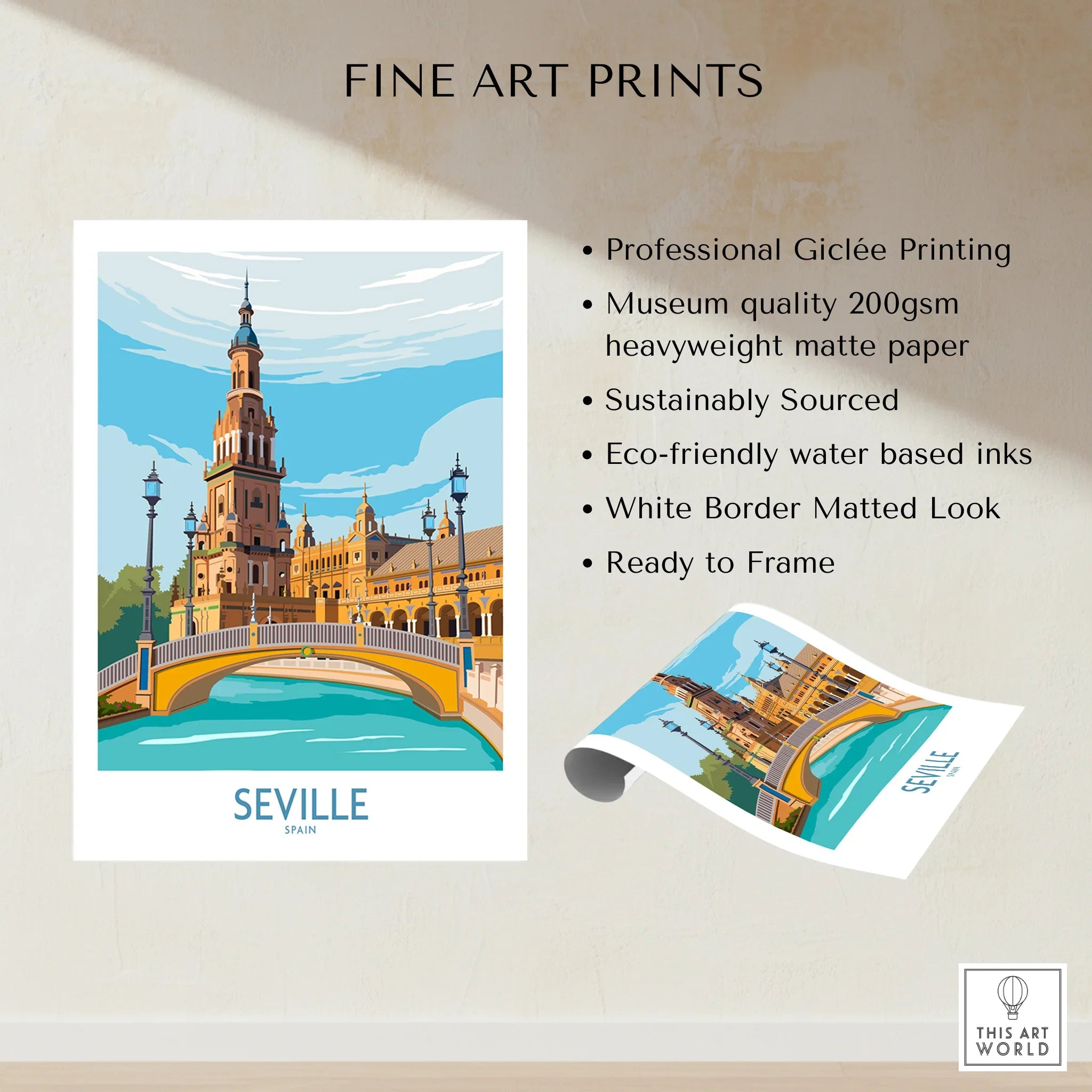 Seville Spain travel poster print with iconic architecture, bridge, and blue sky, ready to frame wall art