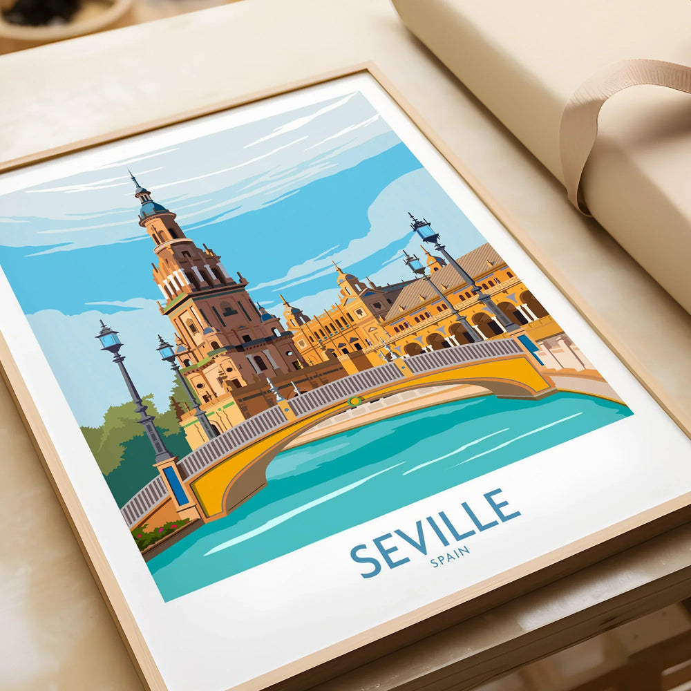 Seville Spain travel poster art print featuring iconic skyline, bridge, and river, perfect for wall decor