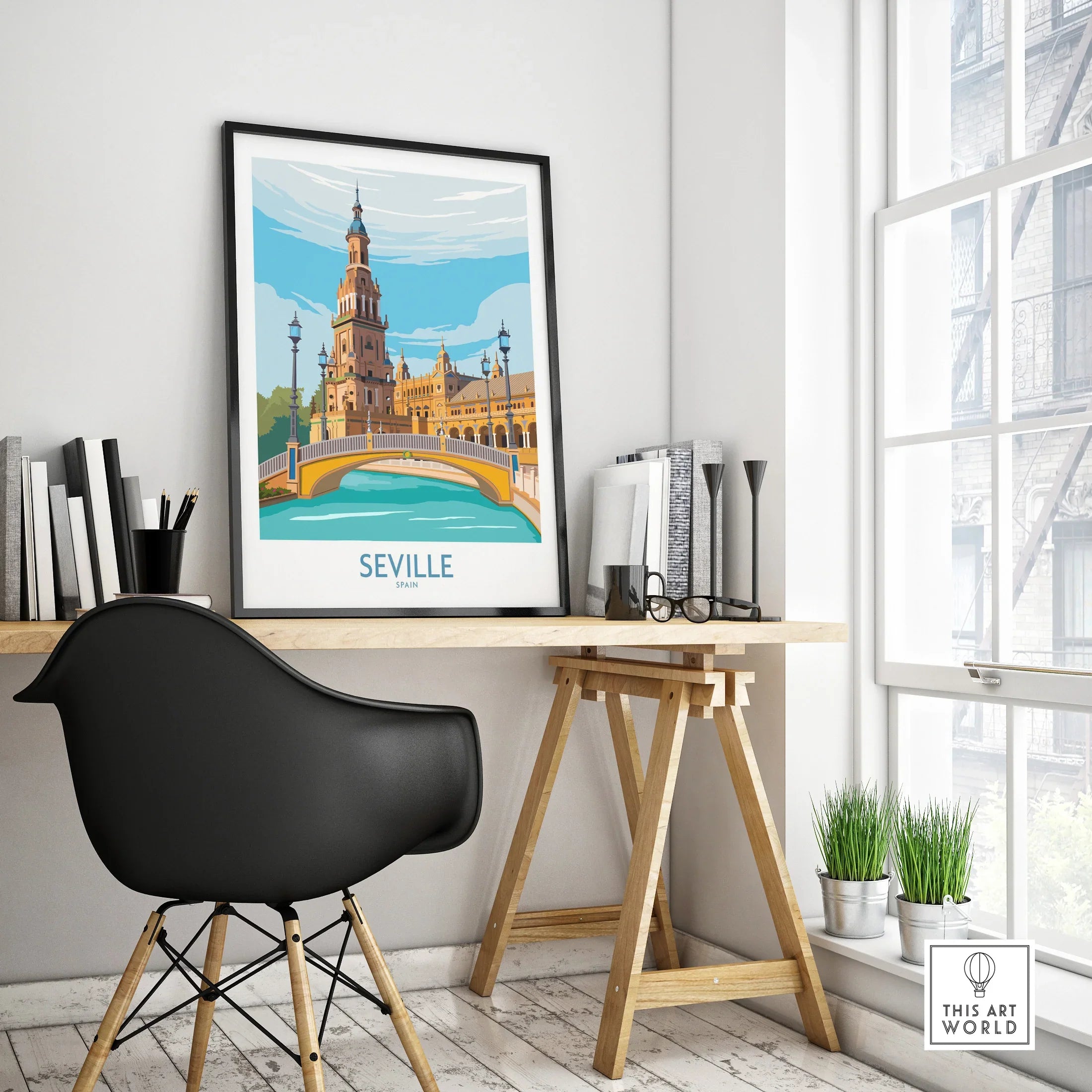 Seville Spain travel poster art print featuring historic architecture and bridge, ideal for home decor