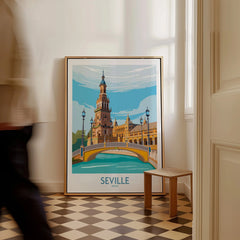 Seville Spain travel poster art print with iconic bridge and tower, perfect for city skyline wall decor