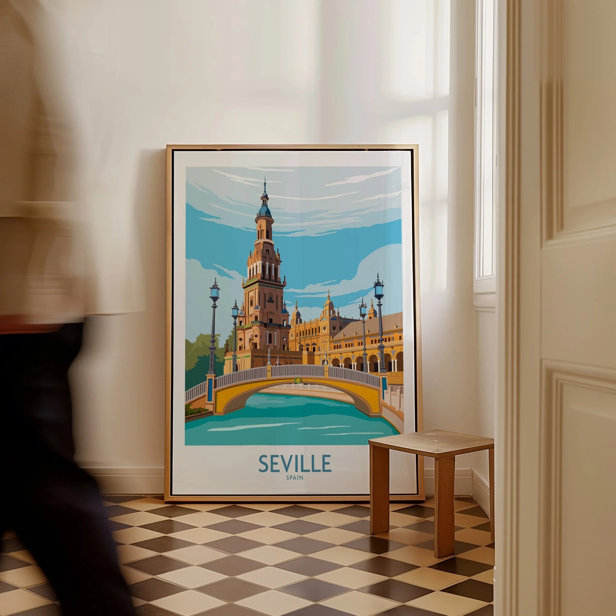 Seville Spain travel poster art print with iconic bridge and tower, perfect for city skyline wall decor