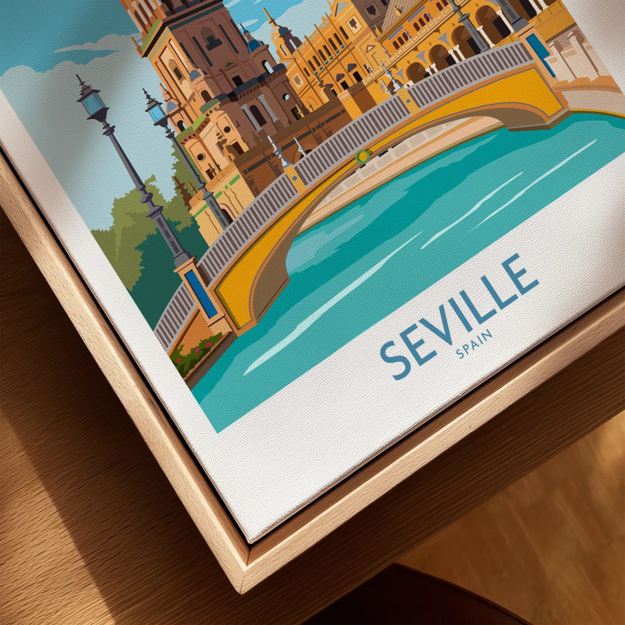 Seville Spain travel poster wall art with bridge and historic buildings, perfect for home decor