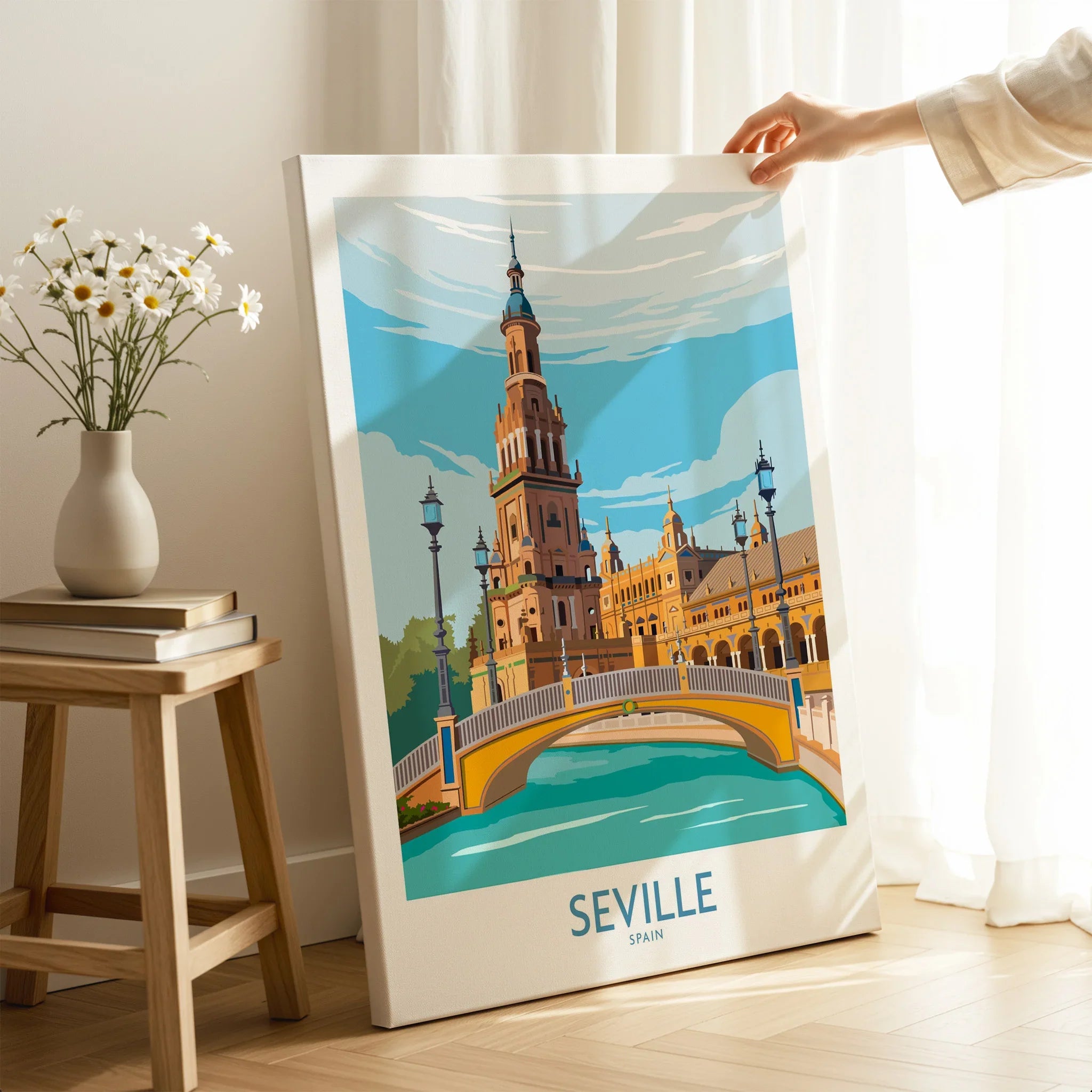 Seville Spain travel poster wall art featuring iconic architecture and bridge, perfect for home decor