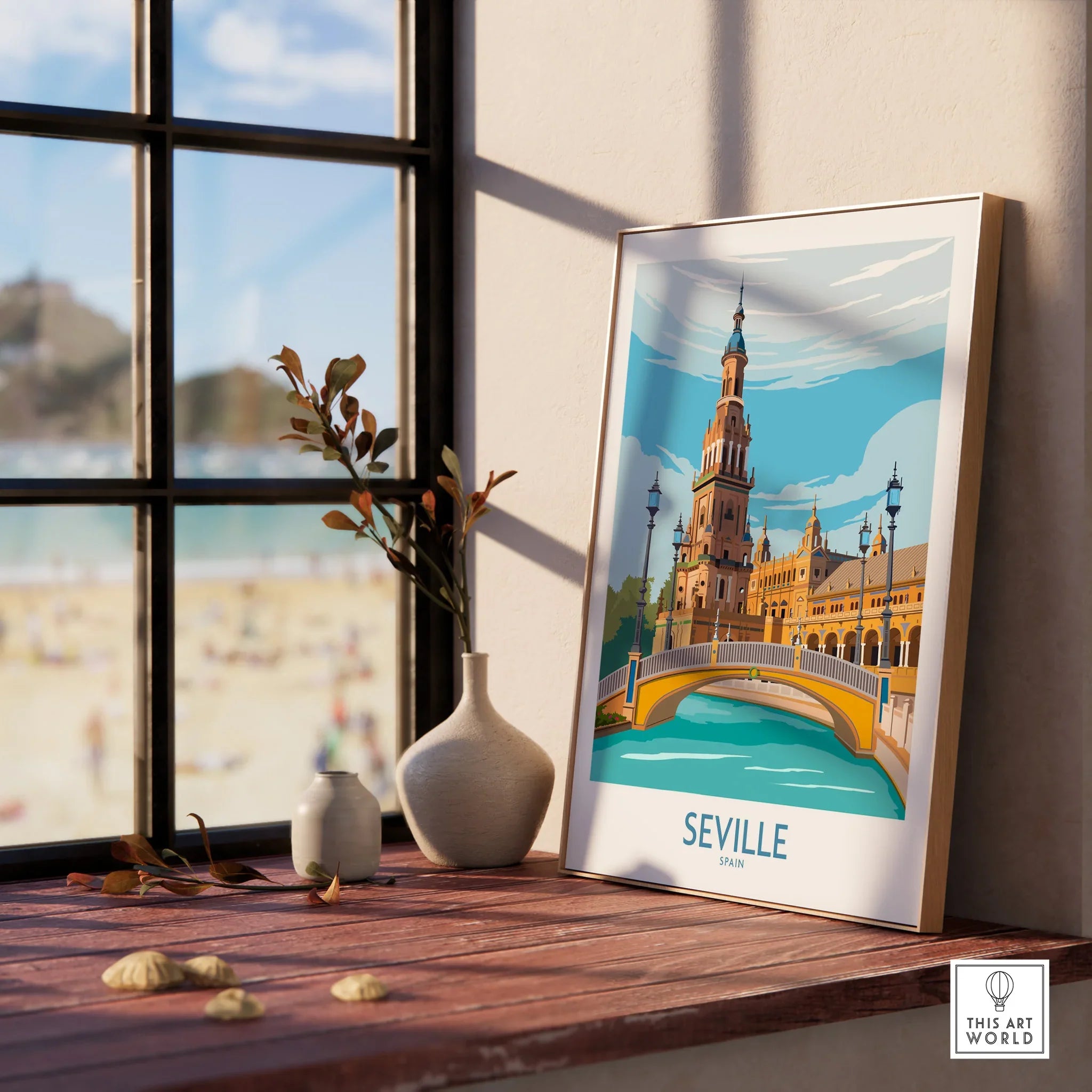 Seville Spain travel poster with iconic architecture and bridge, perfect for home decor