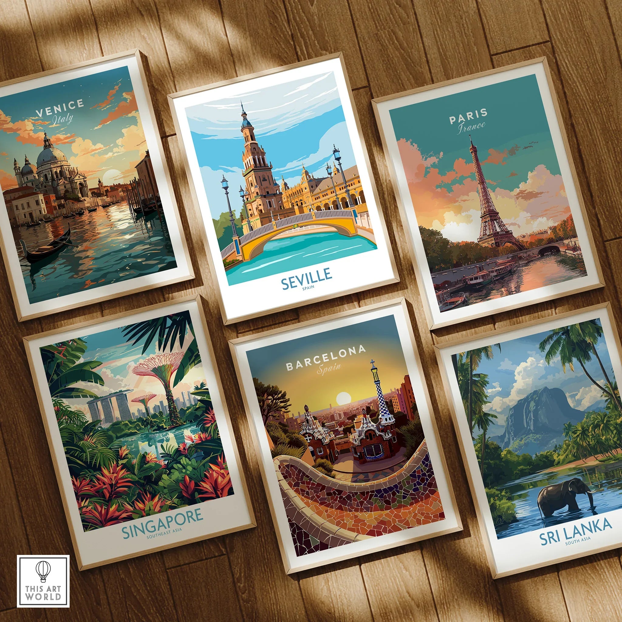 Framed travel posters of Venice, Seville, Paris, Singapore, Barcelona, Sri Lanka for wall art decor