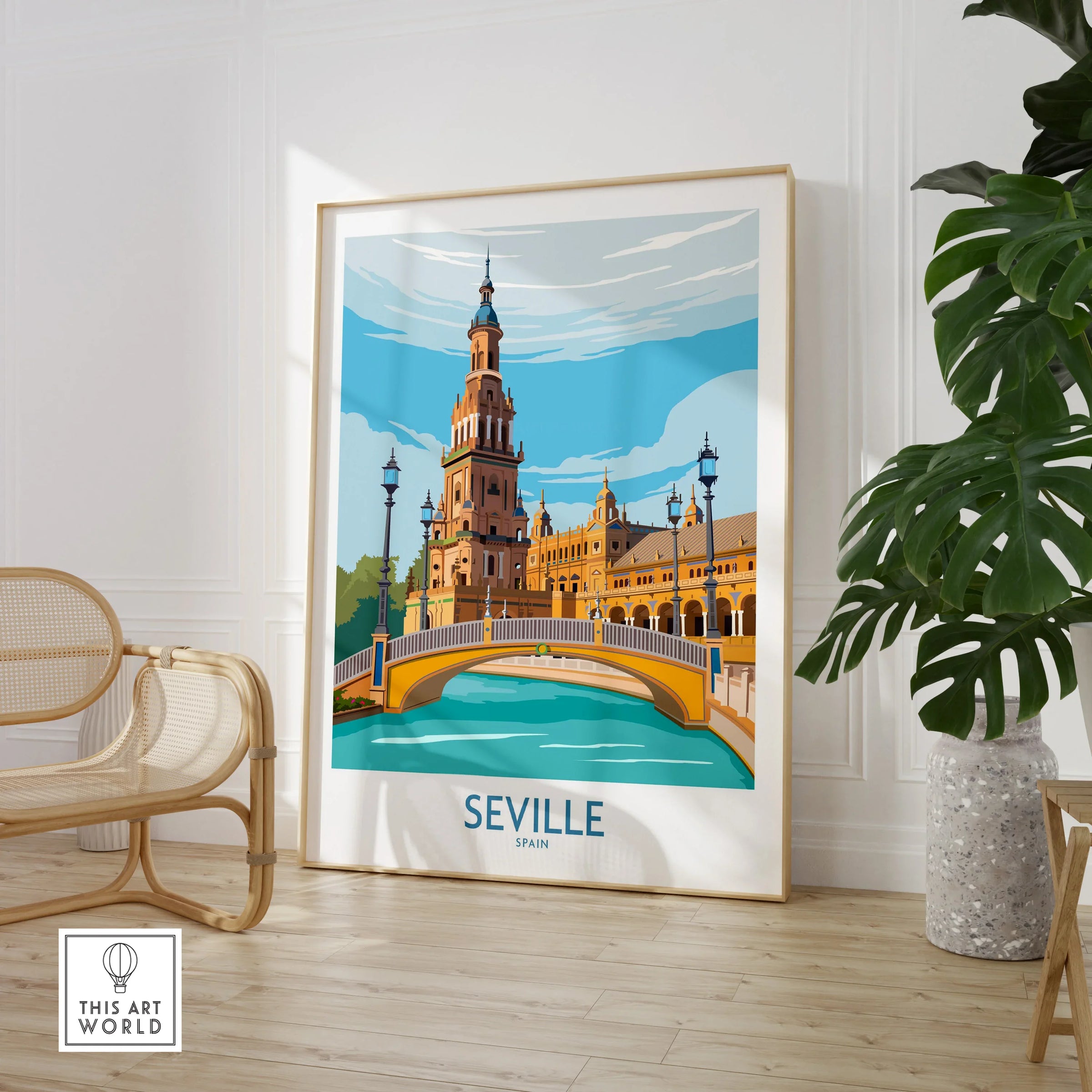 Seville Spain travel poster wall art featuring iconic architecture and bridge, perfect for home decor