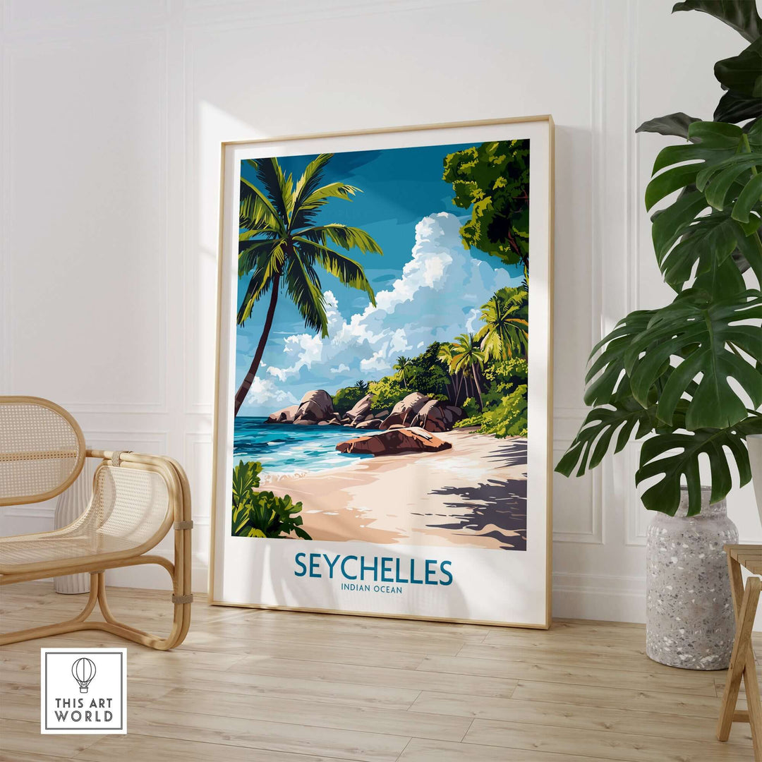 Seychelles art print showcasing a vibrant tropical beach scene with palm trees and clear blue skies.