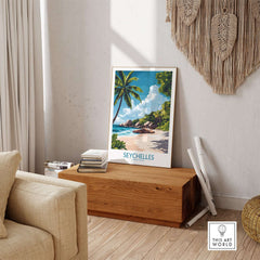 Seychelles Art Print - Tropical Beach displayed in a stylish living room, showcasing a vibrant tropical scene.