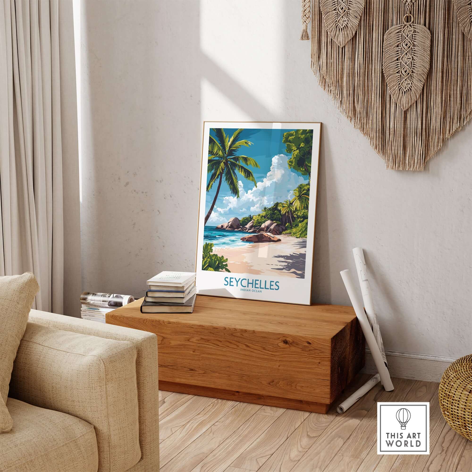 Seychelles Art Print - Tropical Beach displayed in a stylish living room, showcasing a vibrant tropical scene.