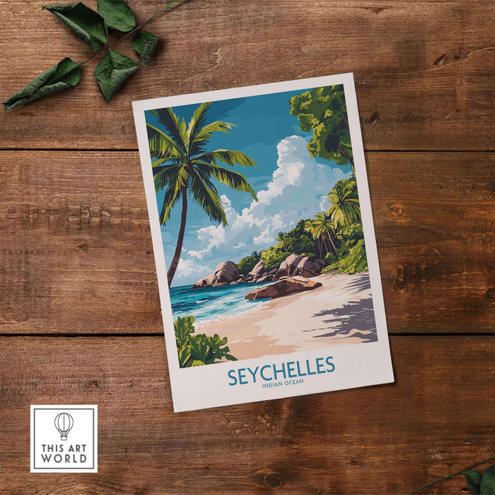 Seychelles art print showcasing a tropical beach with palm trees and clear blue water, adding vibrant decor to any space.