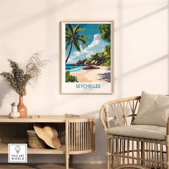 Seychelles Art Print - Tropical Beach displayed in a cozy room with palm trees and a serene beach view.