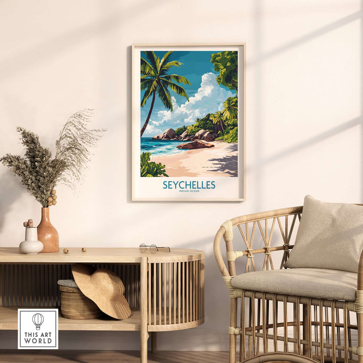 Seychelles art print featuring a serene tropical beach scene with vivid colors and lush palm trees.