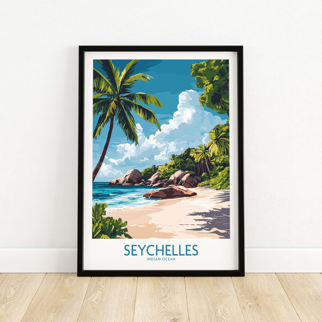 Seychelles art print featuring a tropical beach, palm trees, and vibrant blue waters, perfect for home decor.