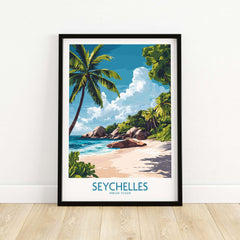 Seychelles Art Print - Tropical Beach featuring vibrant palm trees and a serene shoreline.