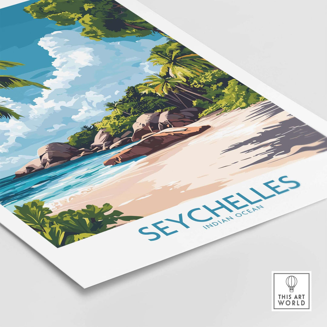 Seychelles Art Print featuring a tropical beach scene with vibrant colors and detailed scenery.