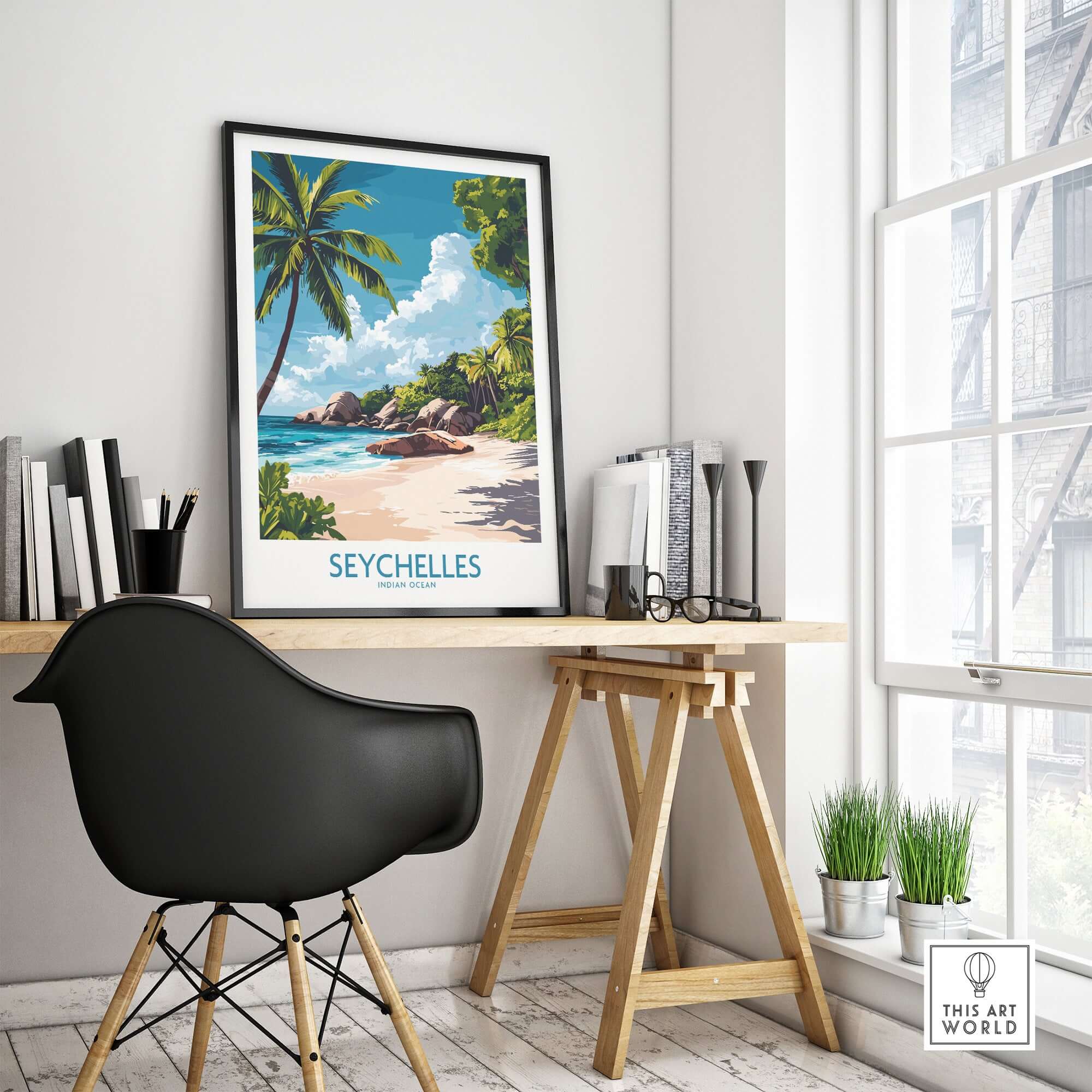 Seychelles Art Print - Tropical Beach framed in modern decor, showcasing vibrant tropical scenery.