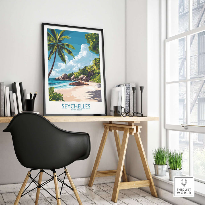 Seychelles art print featuring a tropical beach scene, enhancing a stylish workspace with vibrant colors.