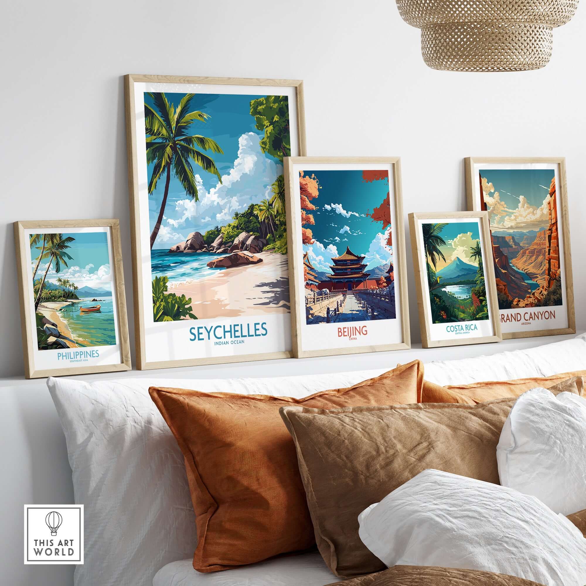 Seychelles Art Print - Tropical Beach displayed among other travel-themed art prints in a cozy living room setting.