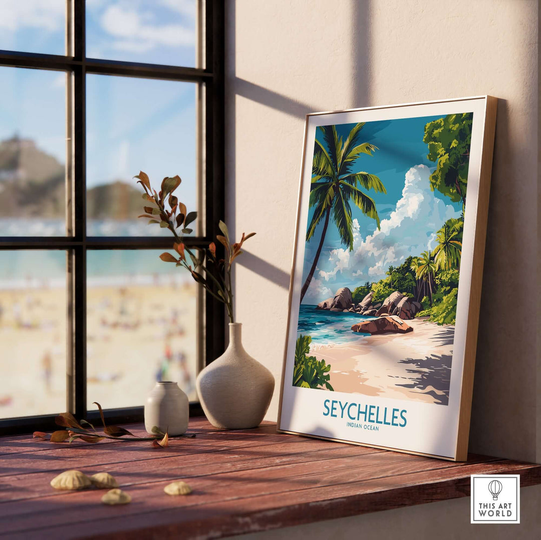 Seychelles art print featuring a tropical beach scene with palm trees and vibrant colors, displayed on a windowsill.