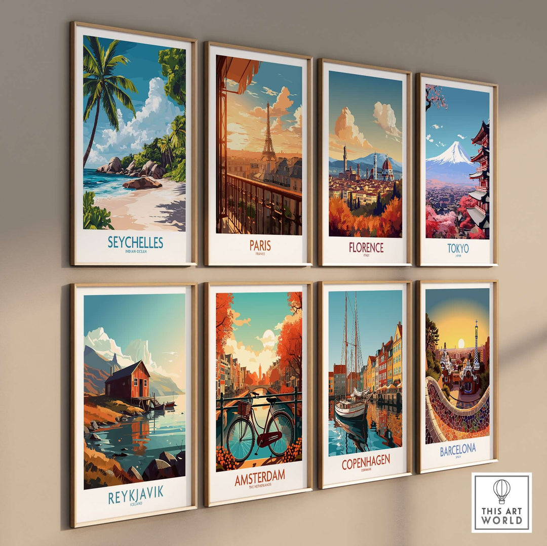 Seychelles tropical beach art print alongside travel posters of Paris, Florence, Tokyo, Reykjavik, Amsterdam, Copenhagen, and Barcelona.