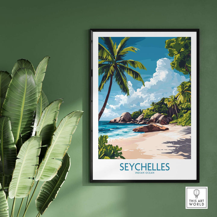 Seychelles art print featuring a tropical beach scene with palm trees and vibrant blue ocean.