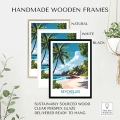 Handmade wooden frames for Seychelles Art Print - Tropical Beach in natural, white, and black finishes.