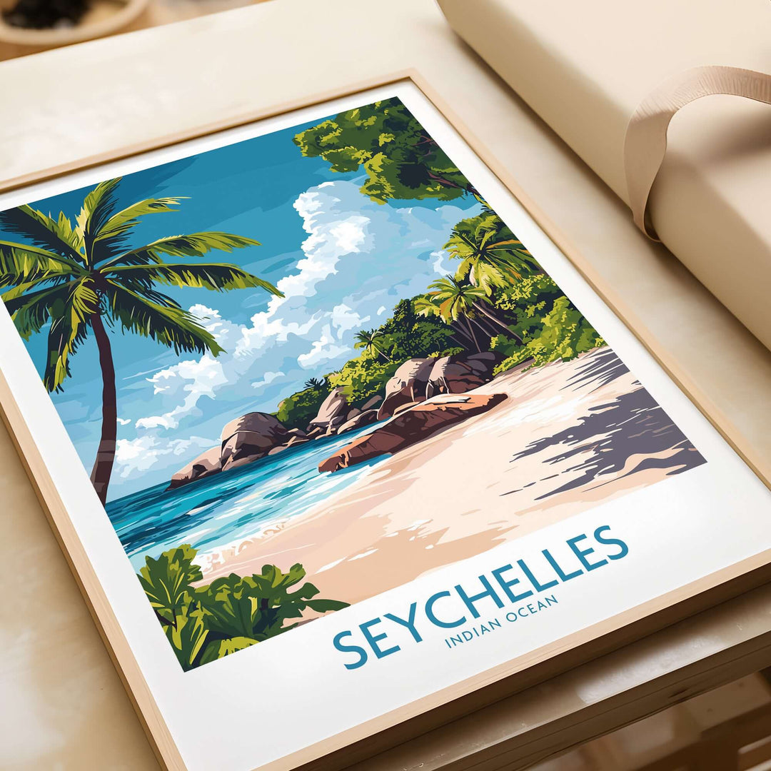 Seychelles art print featuring a tropical beach scene with palm trees and vibrant colors.