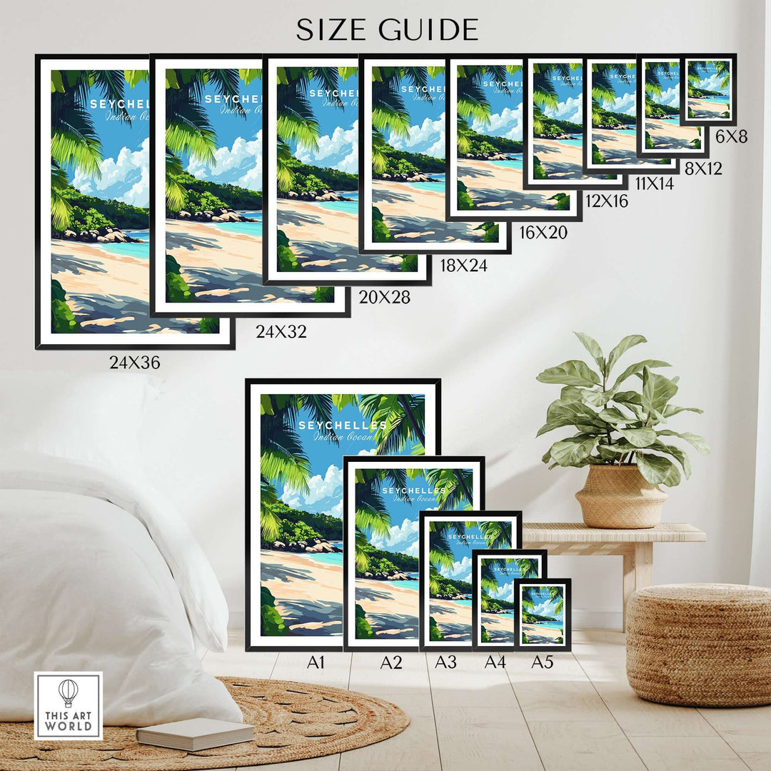 Size guide for Seychelles Beach Print showcasing various frame sizes and tropical artwork for home decor.