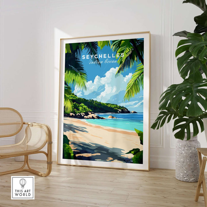 Seychelles Beach Print showcasing a tropical paradise scene, perfect for home or office decor.