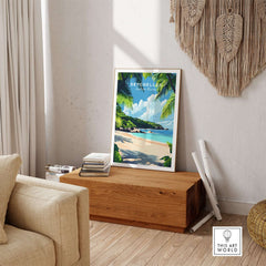 Seychelles Beach Print: Elegant Island Escape displayed in a living room showcasing tropical decor.