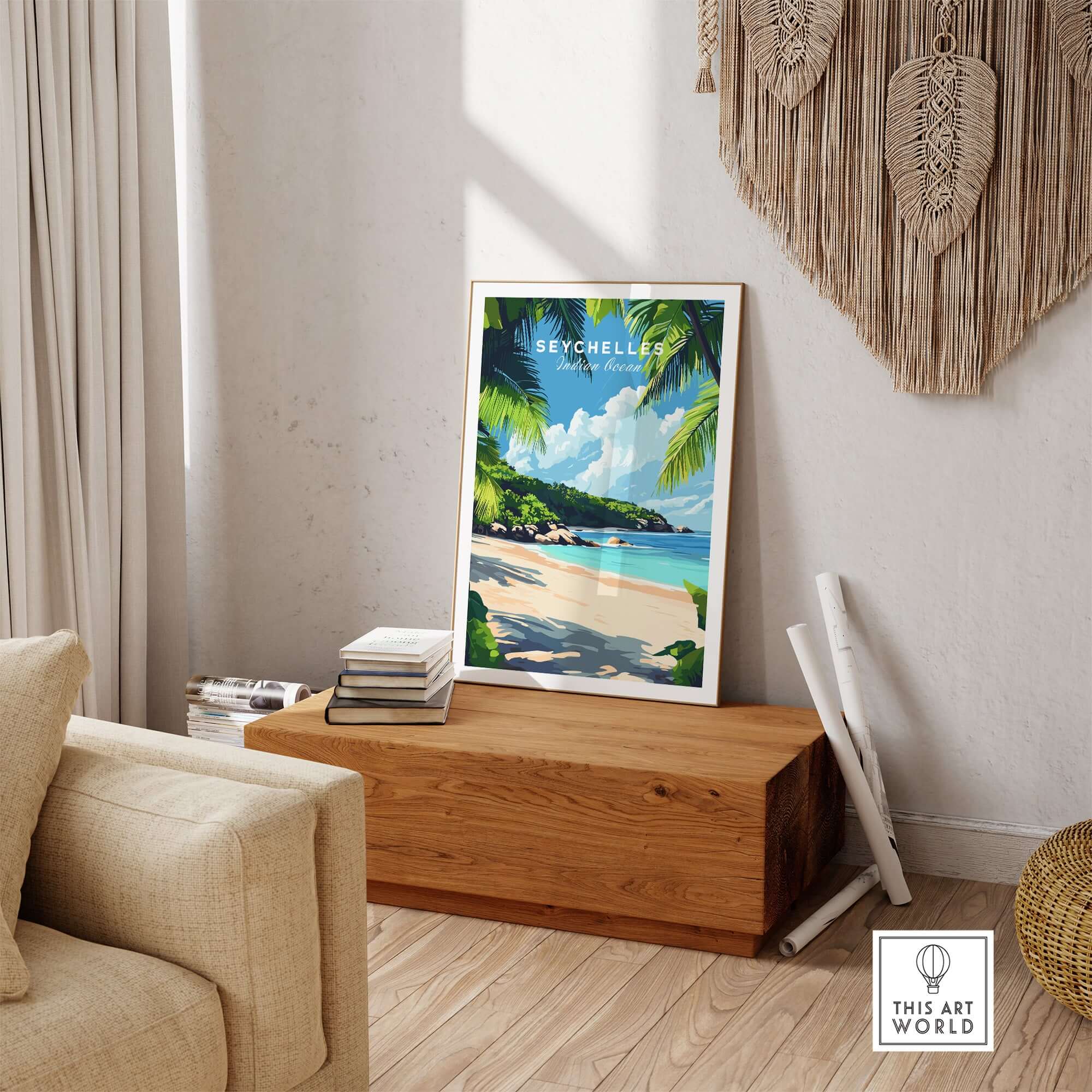 Seychelles Beach Print: Elegant Island Escape displayed in a living room showcasing tropical decor.