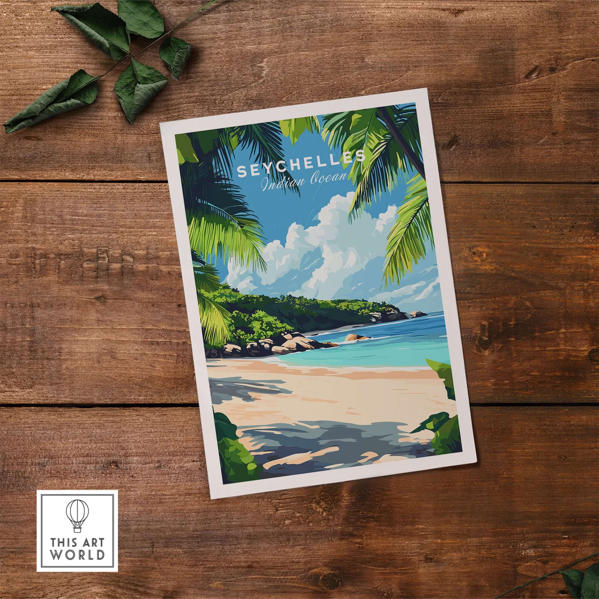 Seychelles Beach Print: Elegant Island Escape showcasing a tropical beach scene with lush greenery and blue skies.