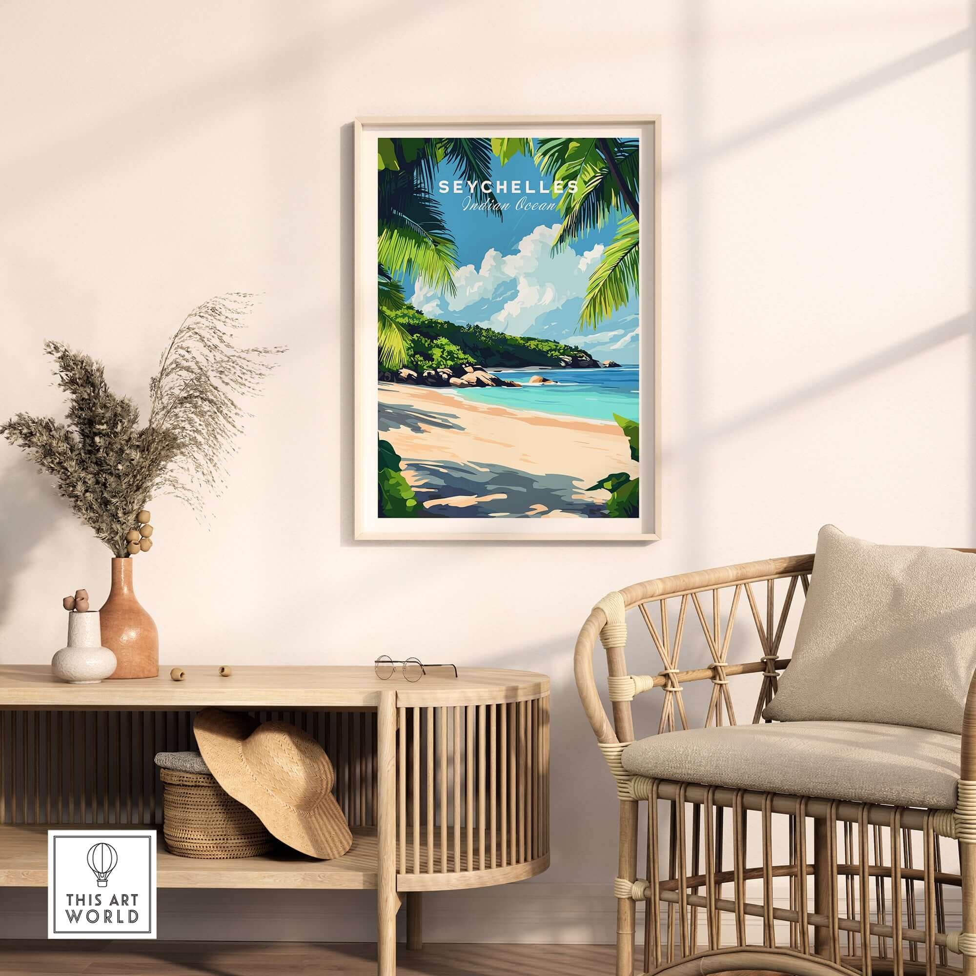 Seychelles Beach Print: Elegant Island Escape displayed in a stylish home setting with tropical decor.