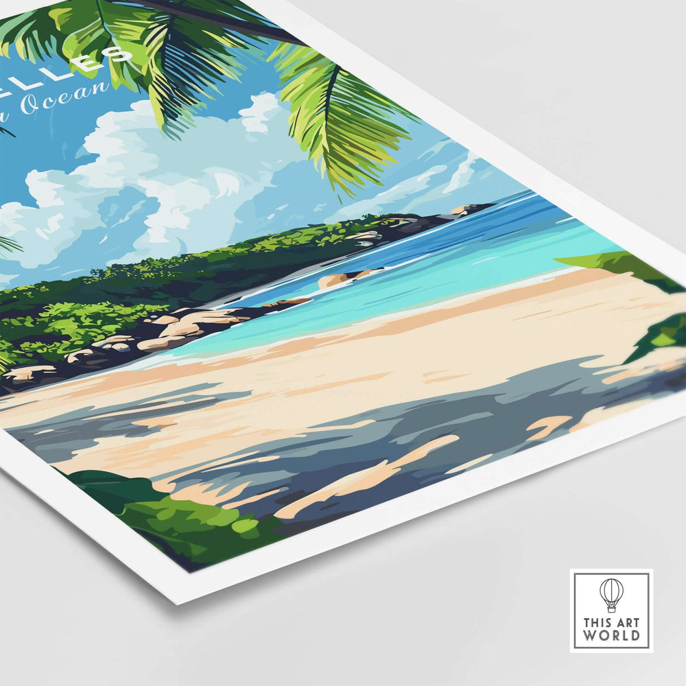 Seychelles Beach Print showcasing a tropical paradise with vibrant colors and serene ocean view.