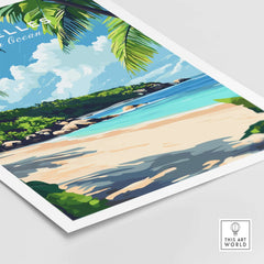 Seychelles Beach Print: Elegant Island Escape showcasing a tropical beach scene with palm trees and blue ocean.