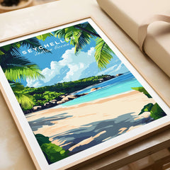 Seychelles Beach Print: Elegant Island Escape with tropical palm leaves and tranquil ocean scenery.