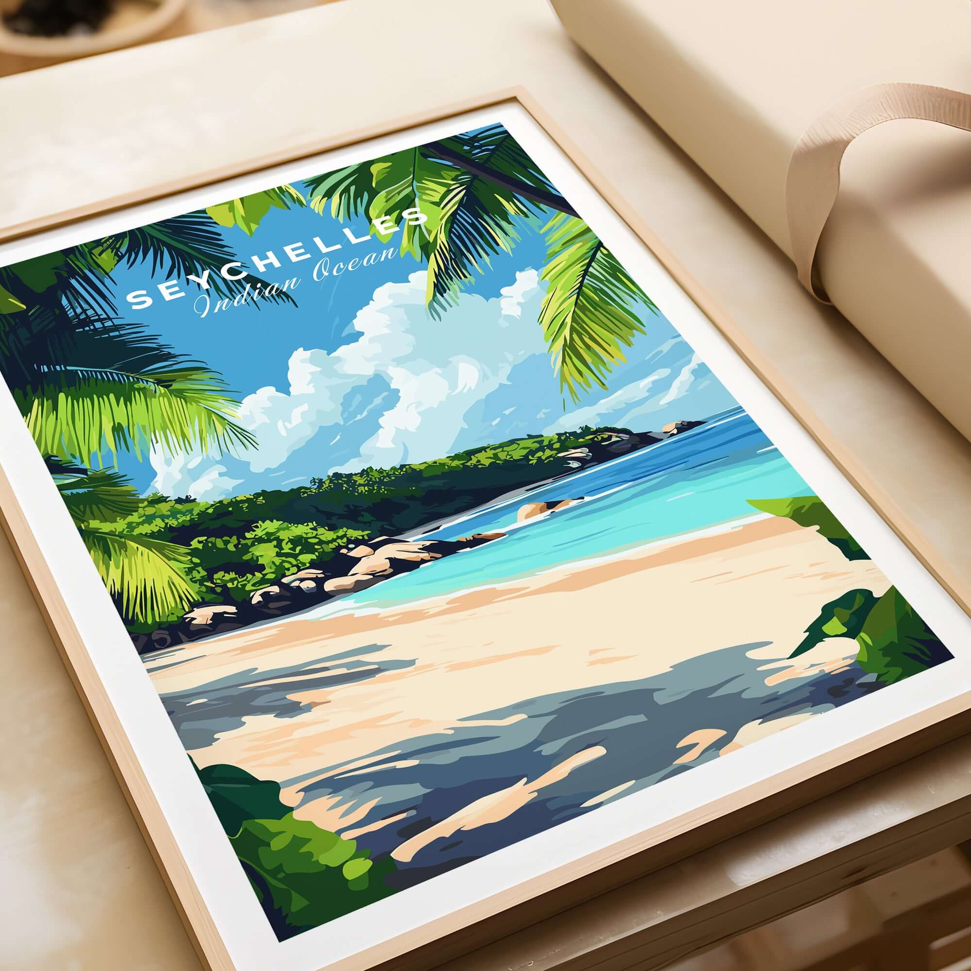 Seychelles Beach Print: Elegant Island Escape with tropical palm leaves and tranquil ocean scenery.