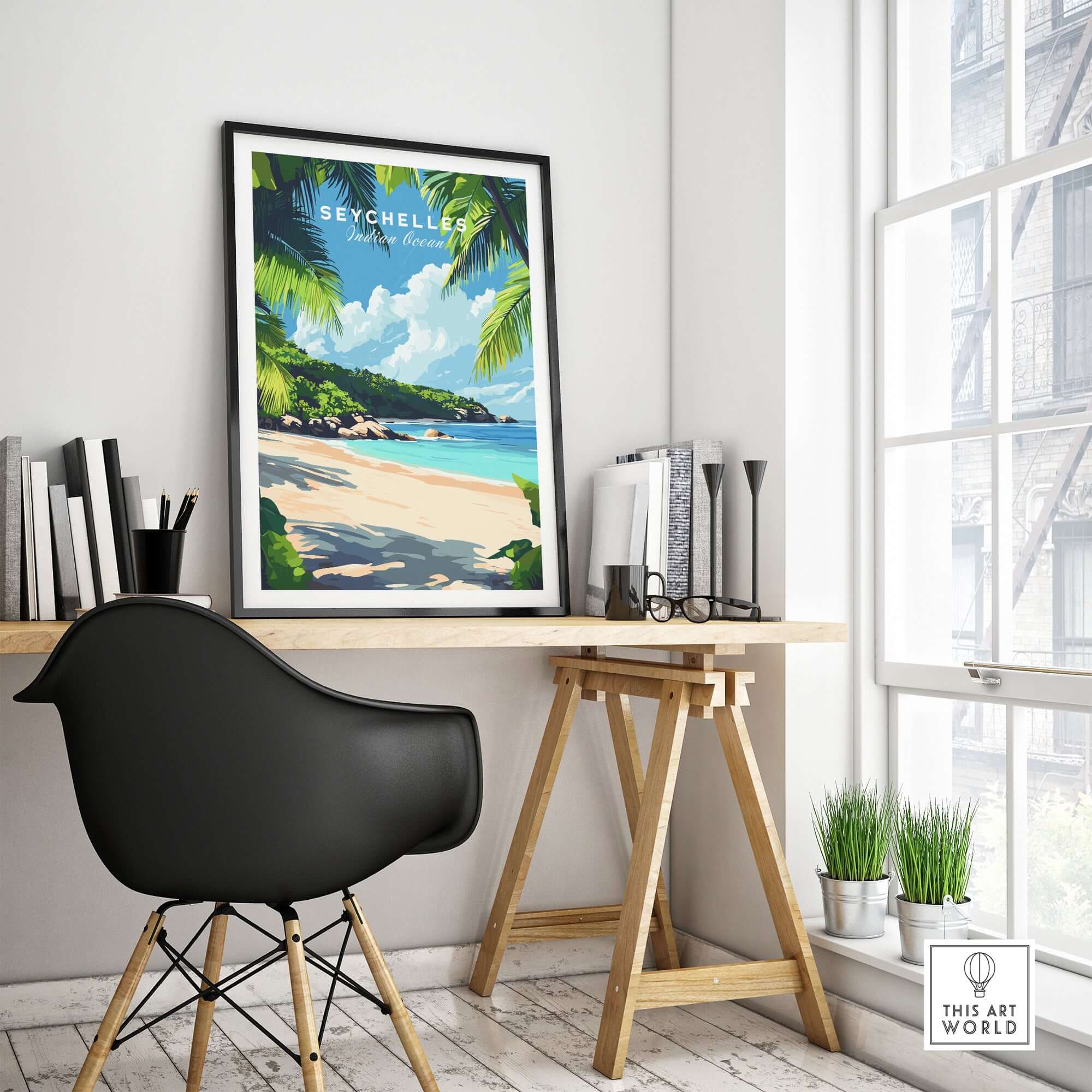 Seychelles Beach Print: Elegant Island Escape displayed in a modern office setting with tropical decor.