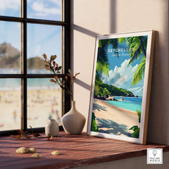 Seychelles Beach Print: Elegant Island Escape displayed in a cozy setting with a beach view and tropical decor.