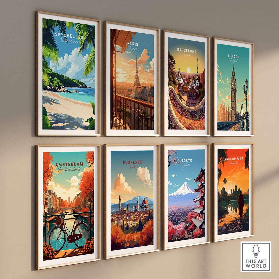 Seychelles beach print and city posters framed on a wall, showcasing tropical and urban landscapes.